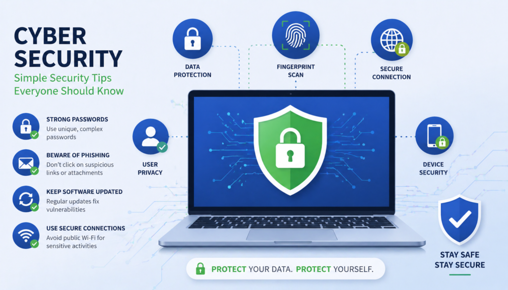 Cybersecurity protection concept showing simple security tips everyone should know for online safety
