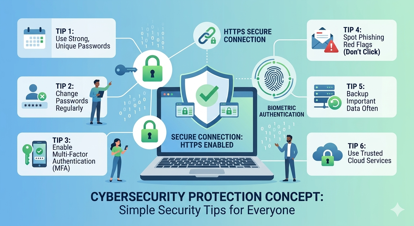 Cybersecurity protection concept showing simple security tips everyone should know for online safety