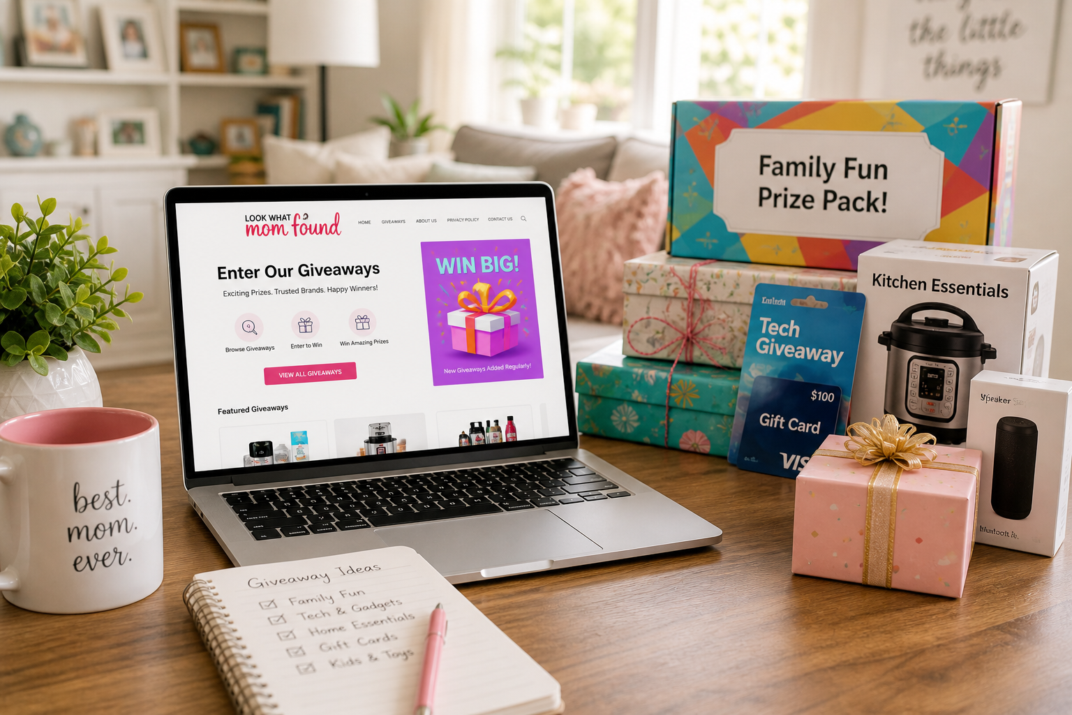 Home workspace showing lookwhatmomfound giveaways on computer screen with family prizes displayed