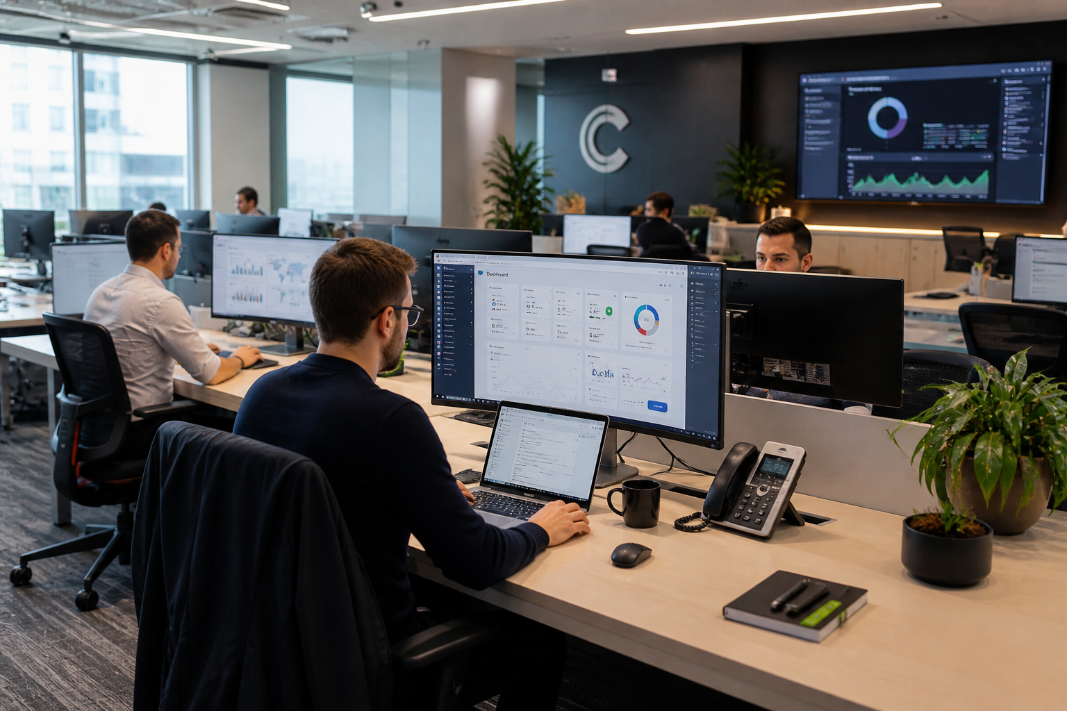 Professional business computing world environment showing corporate technology workspace with modern computers and business software