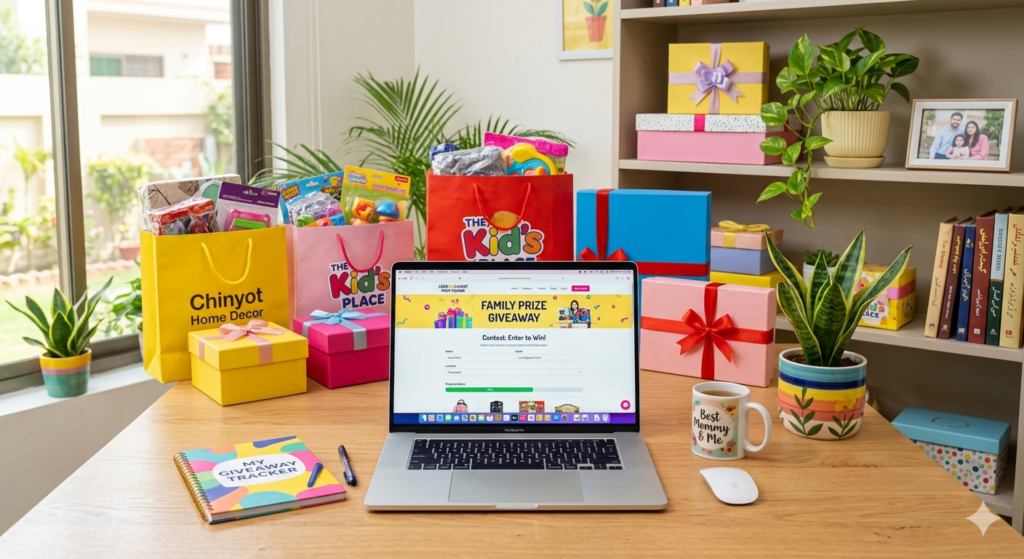 Home workspace showing lookwhatmomfound giveaways on computer screen with family prizes displayed