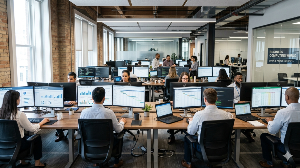 Professional business computing world environment showing corporate technology workspace with modern computers and business software